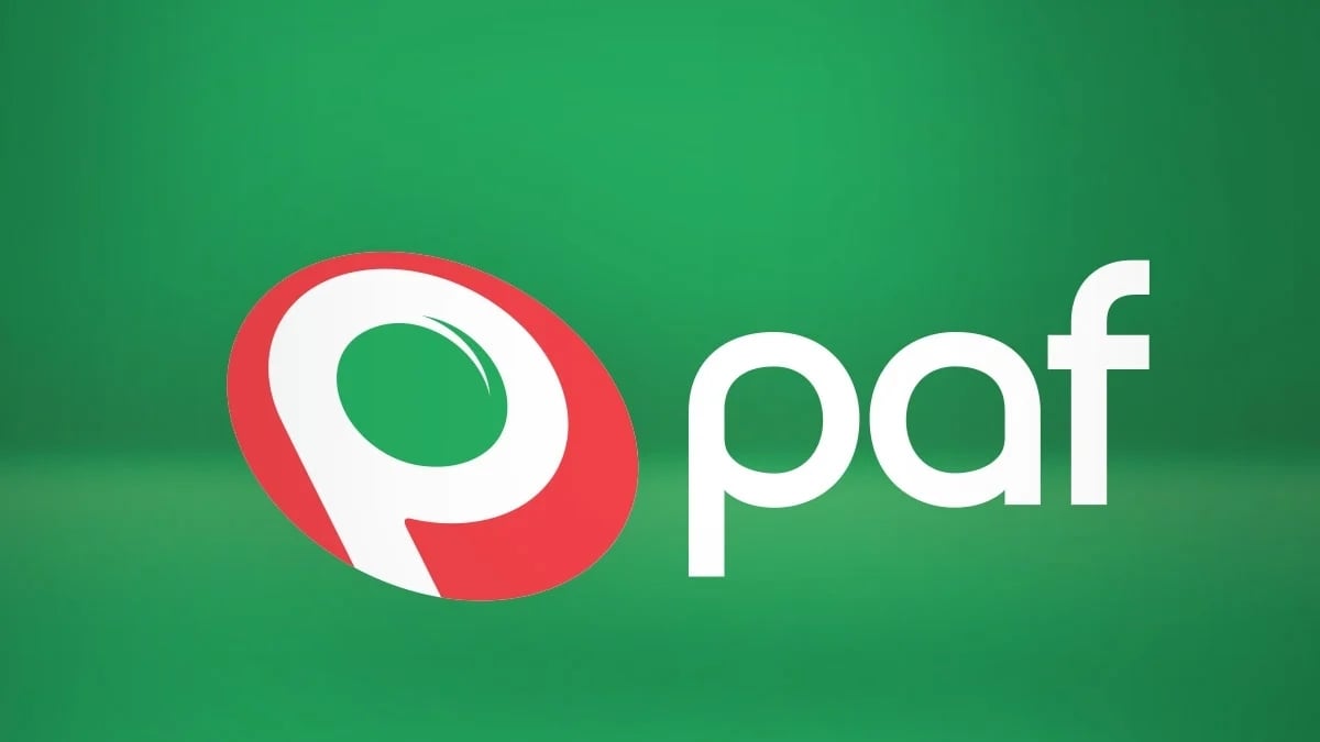 Paf:s logotyp med en röd och grön symbol samt vit text på en grön bakgrund.