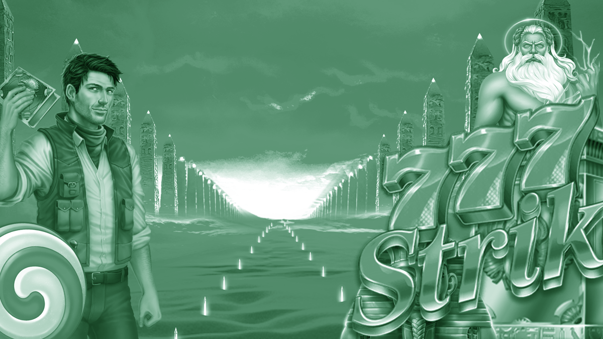 Slotkaraktärer som äventyrare och Zeus står framför ett futuristiskt landskap med ljuspelare och 777-symbol.