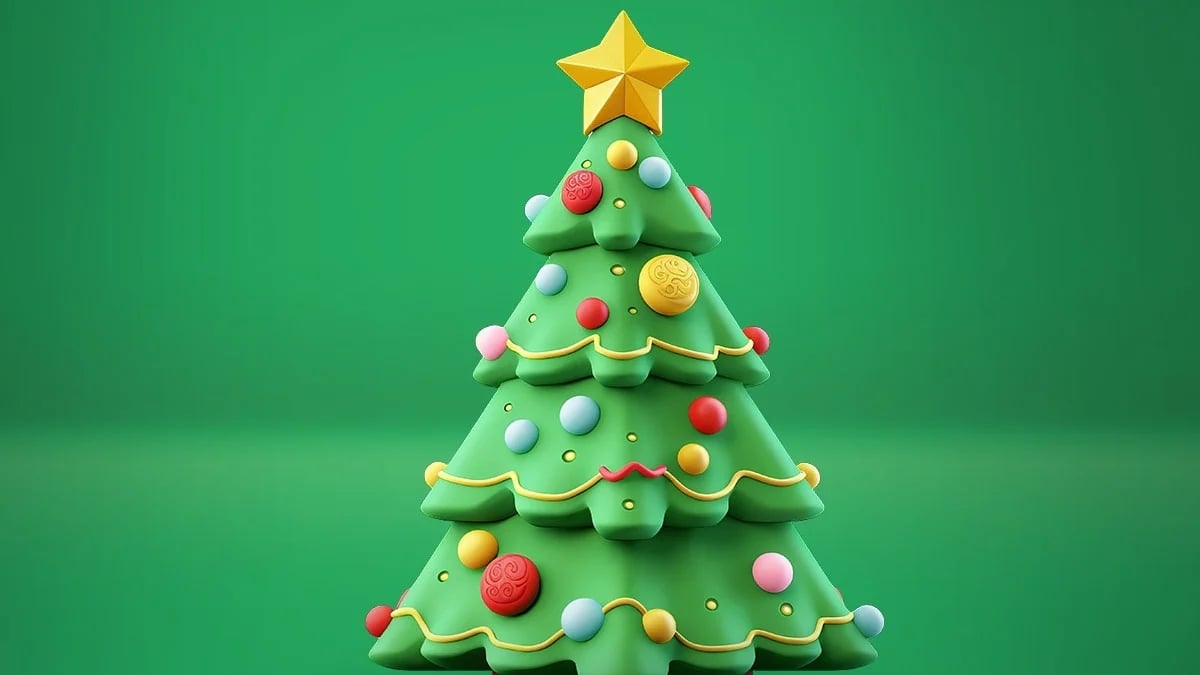 En stiliserad julgran dekorerad med färgglada kulor, guldslingor och en stjärna på toppen mot en grön bakgrund.